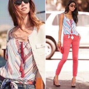 ALL ABOARD Cabi Nautical Red White Blue Stripe Tassel Cami Tank